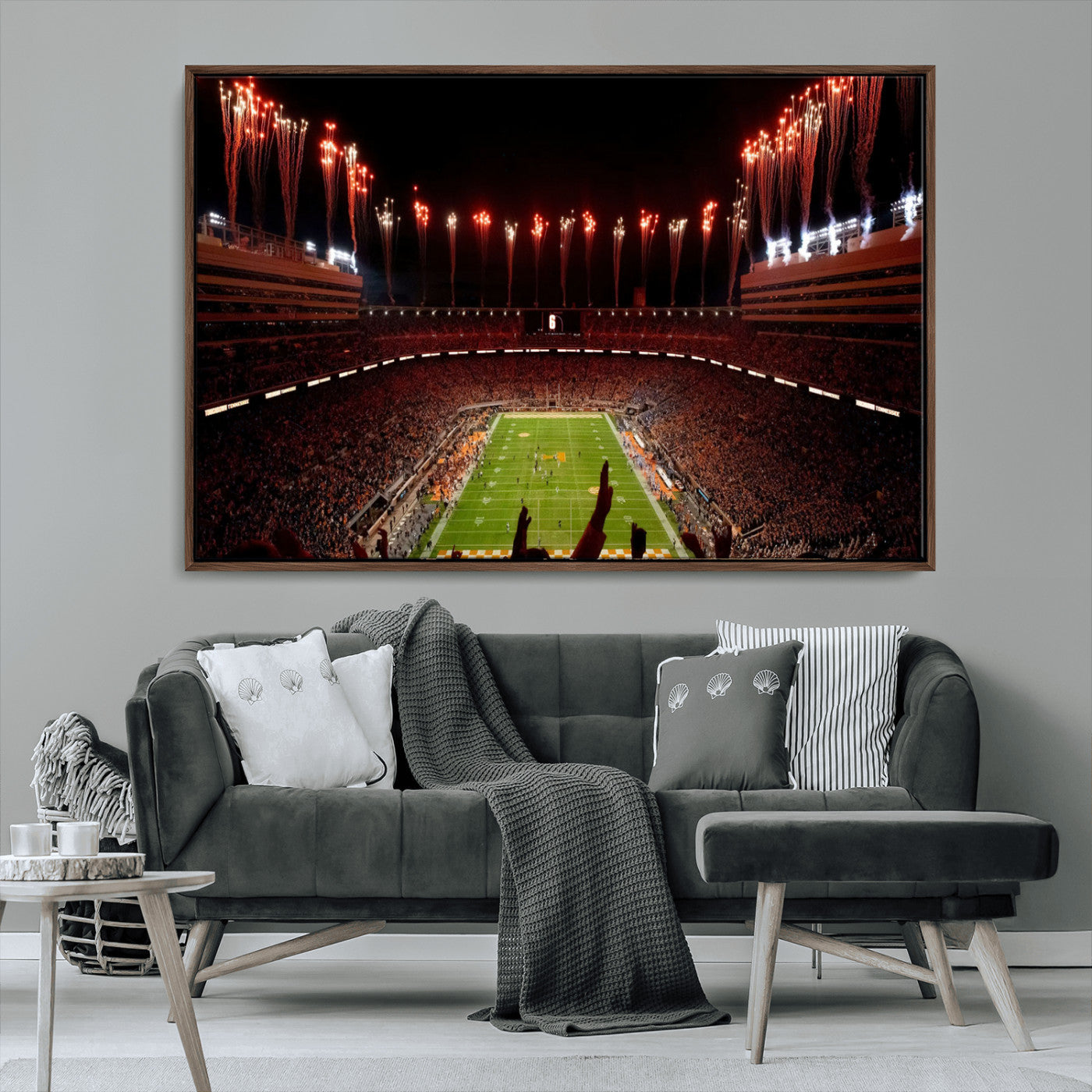 73358115-MGV-FC-36X24_Walnut-Neyland Stadium Wall Art – Panoramic Tennessee Volunteers Night Game Canvas Print, Fireworks Football Celebration Sports Decor for