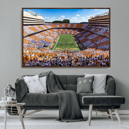 64238859-MGV-CV-36X24-Neyland Stadium Wall Art – Panoramic Tennessee Volunteers Power T Checkerboard Crowd Canvas Print, Day Game Football Band Sports