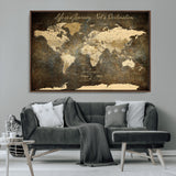 13394308-MGV-CV-36X24-Personalized World Map Wall Art – Dark Rustic Vintage Adventure Travel Map with Custom Couple Names, Timeless Wall Decor for Home