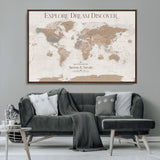 56148717-MGV-CV-36X24-Personalized World Map Wall Art – Neutral Beige & Brown Vintage Adventure Travel Map with Custom Couple Names, Classic Wall Decor