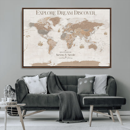 56148717-MGV-CV-36X24-Personalized World Map Wall Art – Neutral Beige & Brown Vintage Adventure Travel Map with Custom Couple Names, Classic Wall Decor