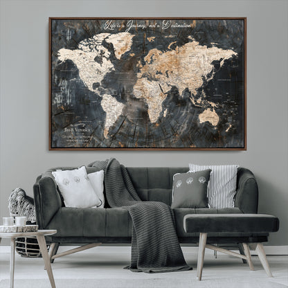 55548943-MGV-CV-36X24-Personalized World Map Wall Art – Rustic Wood Texture Adventure Travel Map with Custom Couple Names, Vintage Dark Wall Decor for