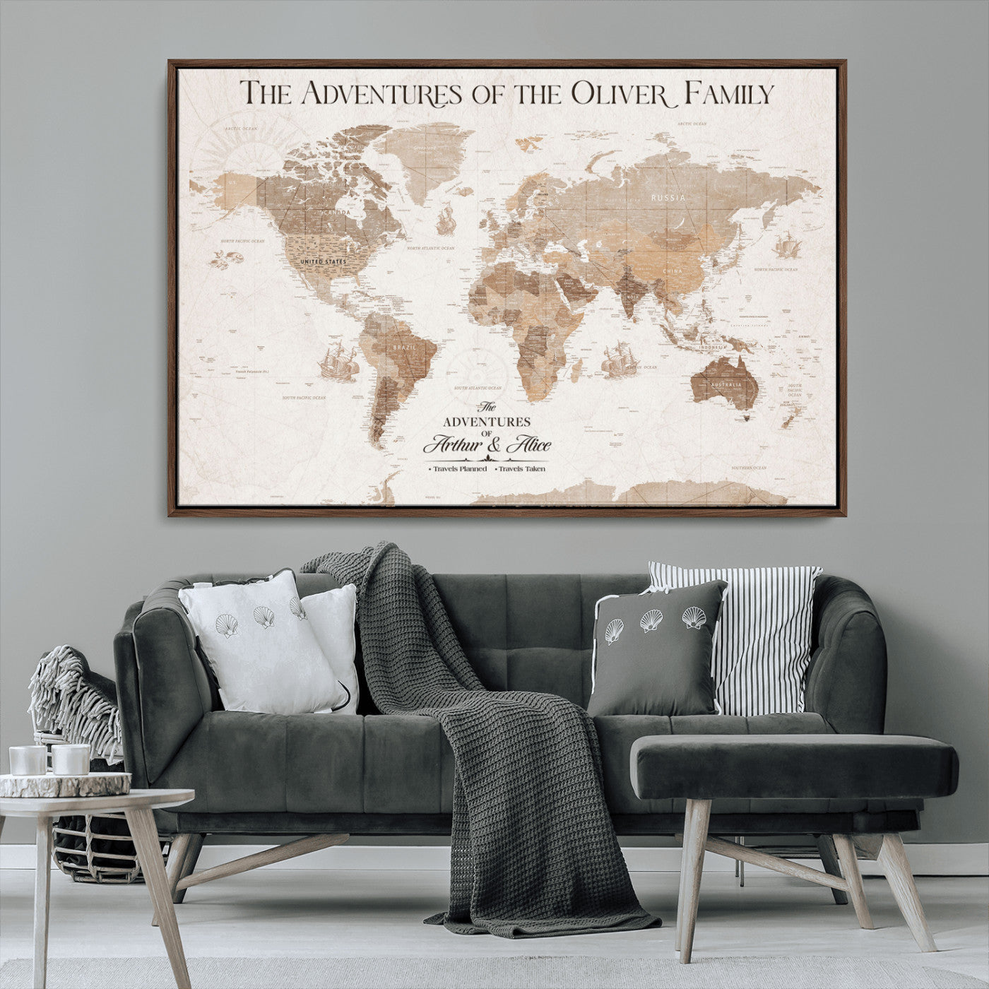 43869621-MGV-CV-36X24-Personalized World Map Wall Art – Light Beige Sepia Adventure Travel Map with Custom Family or Couple Names, Rustic Wall Decor for