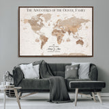 43869621-MGV-CV-36X24-Personalized World Map Wall Art – Light Beige Sepia Adventure Travel Map with Custom Family or Couple Names, Rustic Wall Decor for