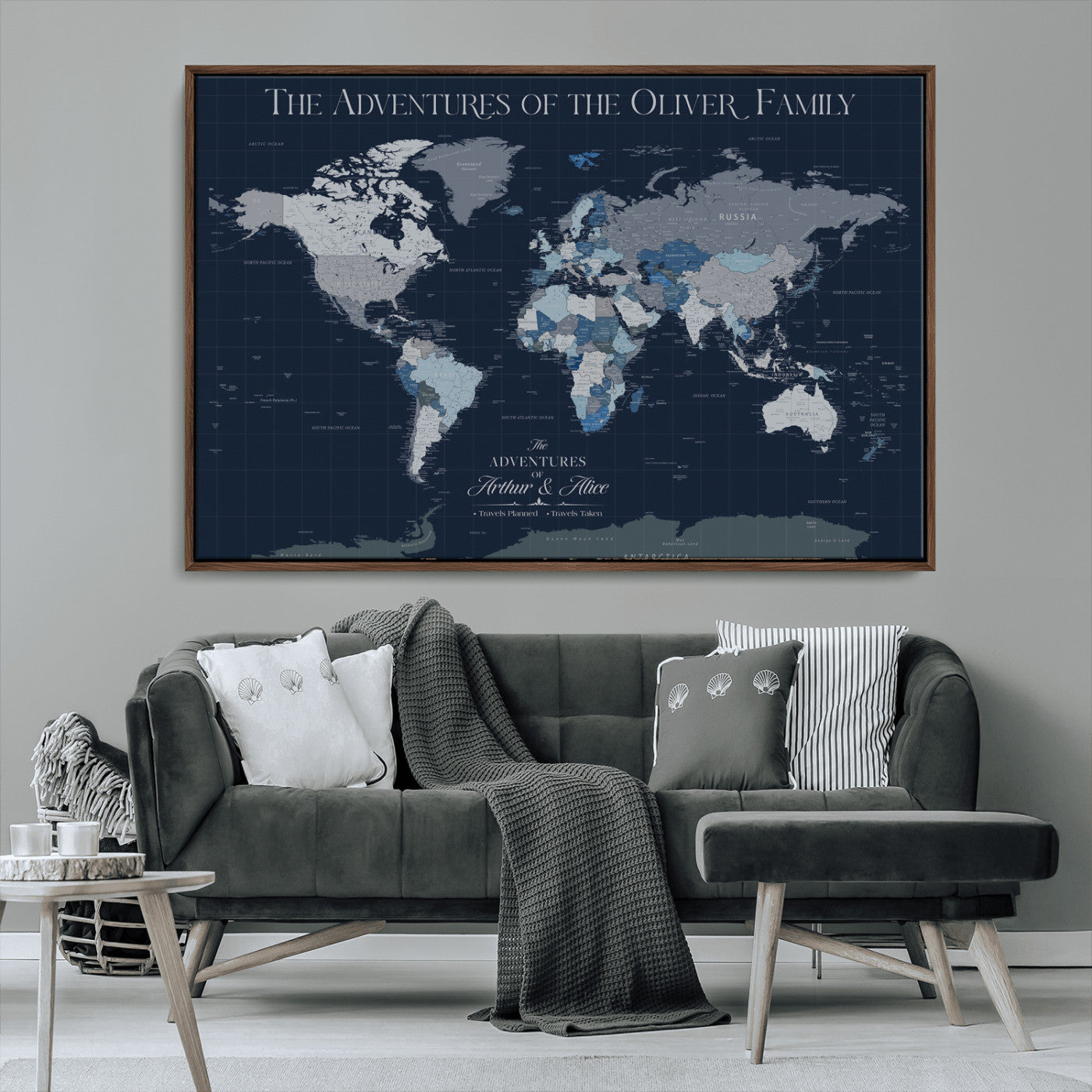 76726424-MGV-FC-36X24_Walnut-Personalized World Map Wall Art – Navy Blue & Grey Adventure Travel Map with Custom Family or Couple Names, Modern Wall Decor for