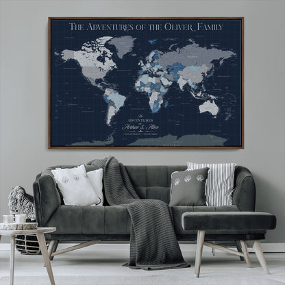 76726424-MGV-FC-36X24_Walnut-Personalized World Map Wall Art – Navy Blue & Grey Adventure Travel Map with Custom Family or Couple Names, Modern Wall Decor for