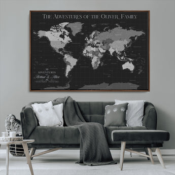 46064114-MGV-CV-36X24-Personalized World Map Wall Art – Black & Grey Adventure Travel Map with Custom Family or Couple Names, Modern Wall Decor for Home