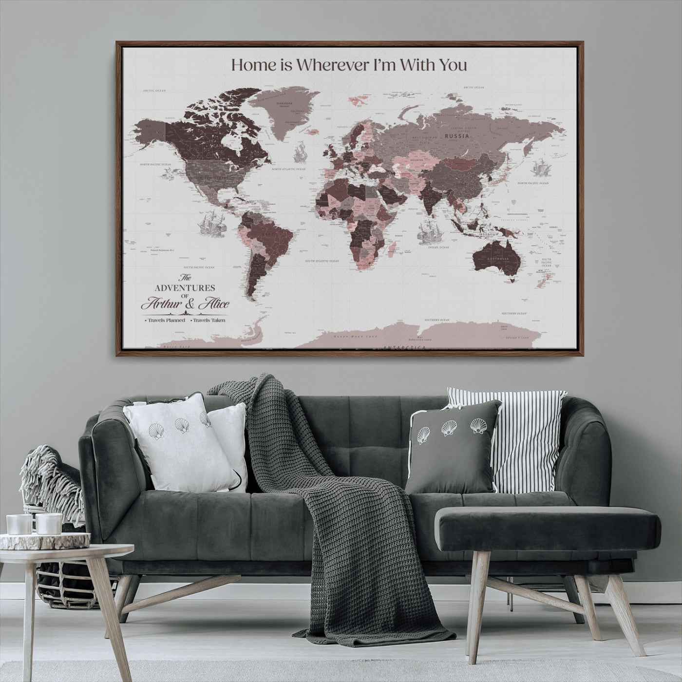 33204797-MGV-CV-36X24-Personalized World Map Wall Art – Burgundy & Grey Adventure Travel Map with Custom Names, Romantic Wall Decor for Couples, Home or