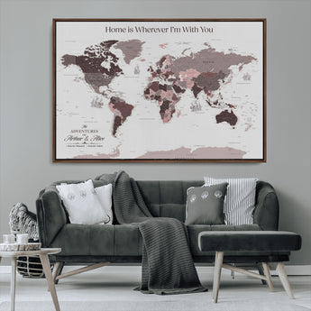 33204797-MGV-CV-36X24-Personalized World Map Wall Art – Burgundy & Grey Adventure Travel Map with Custom Names, Romantic Wall Decor for Couples, Home or