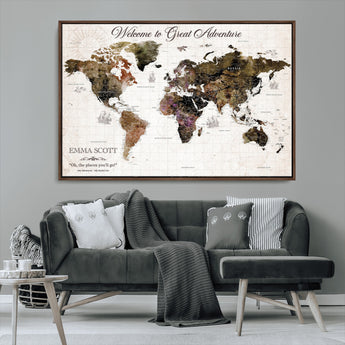 33631532-MGV-CV-36X24-Personalized World Map Wall Art – Dark Vintage Adventure Travel Map with Custom Names, Rustic Wall Decor for Couples, Home or