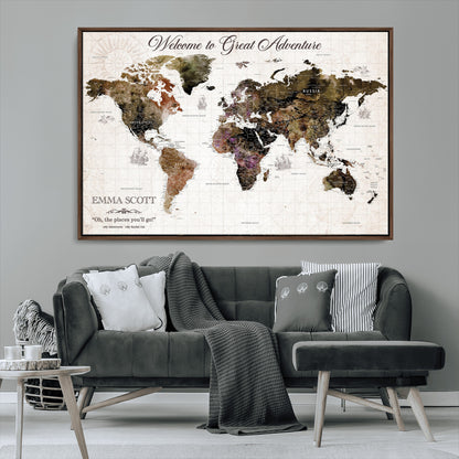 33631532-MGV-CV-36X24-Personalized World Map Wall Art – Dark Vintage Adventure Travel Map with Custom Names, Rustic Wall Decor for Couples, Home or