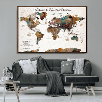 67029173-MGV-CV-36X24-Personalized World Map Wall Art – Colorful Vintage Adventure Travel Map with Custom Couple Names, Rustic Wall Decor for Home,