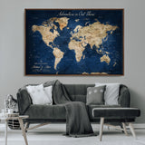 71052542-MGV-CV-36X24-Personalized World Map Wall Art – Rustic Navy Blue Adventure Travel Map with Custom Couple Names, Vintage Wall Decor for Home or