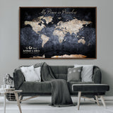 85403043-MGV-FC-36X24_Walnut-Personalized World Map Wall Art – Dark Blue Rustic Adventure Map with Custom Couple Names, Vintage Wall Decor for Home or Travel
