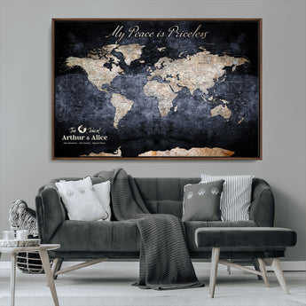 85403043-MGV-FC-36X24_Walnut-Personalized World Map Wall Art – Dark Blue Rustic Adventure Map with Custom Couple Names, Vintage Wall Decor for Home or Travel