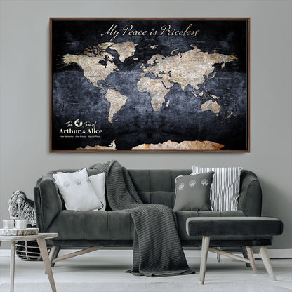 85403043-MGV-FC-36X24_Walnut-Personalized World Map Wall Art – Dark Blue Rustic Adventure Map with Custom Couple Names, Vintage Wall Decor for Home or Travel