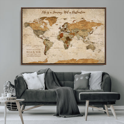 75179116-MGV-CV-36X24-Personalized World Map Wall Art – Rustic Vintage Travel Map with Custom Names, Inspirational Adventure Décor for Couples, Families