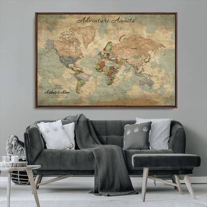 62500285-MGV-CV-36X24-Personalized World Map Wall Art – Rustic Watercolor Adventure Awaits Travel Map with Custom Couple Names, Vintage Wall Decor for