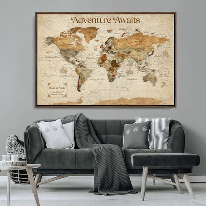 18685073-MGV-CV-36X24-Personalized World Map Wall Art – Antique Vintage Parchment Adventure Awaits Travel Map with Custom Couple Names, Rustic Wall
