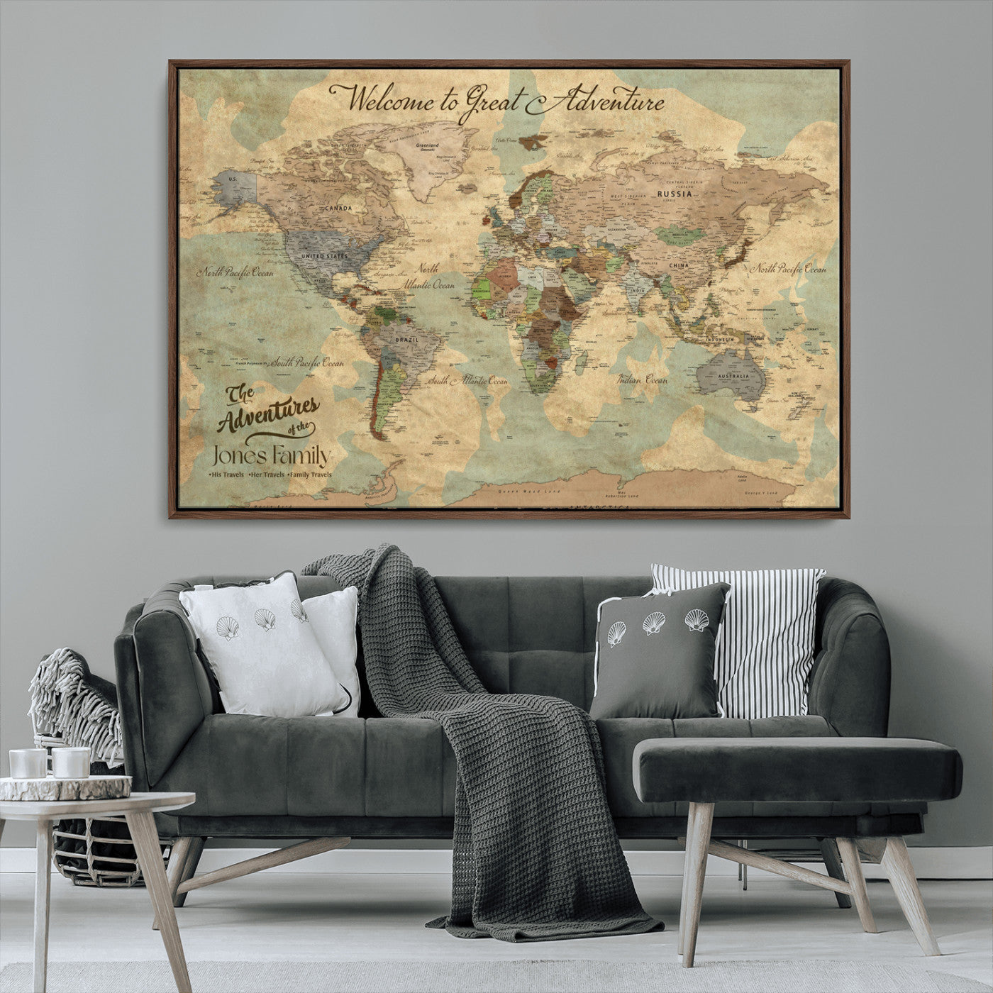32019746-MGV-CV-36X24-Personalized World Map Wall Art – Vintage Camo Adventure Travel Map with Custom Family Names, Rustic Wall Decor for Couples, Home