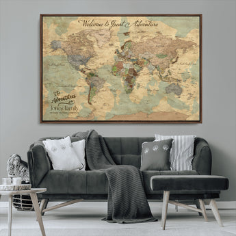 32019746-MGV-CV-36X24-Personalized World Map Wall Art – Vintage Camo Adventure Travel Map with Custom Family Names, Rustic Wall Decor for Couples, Home