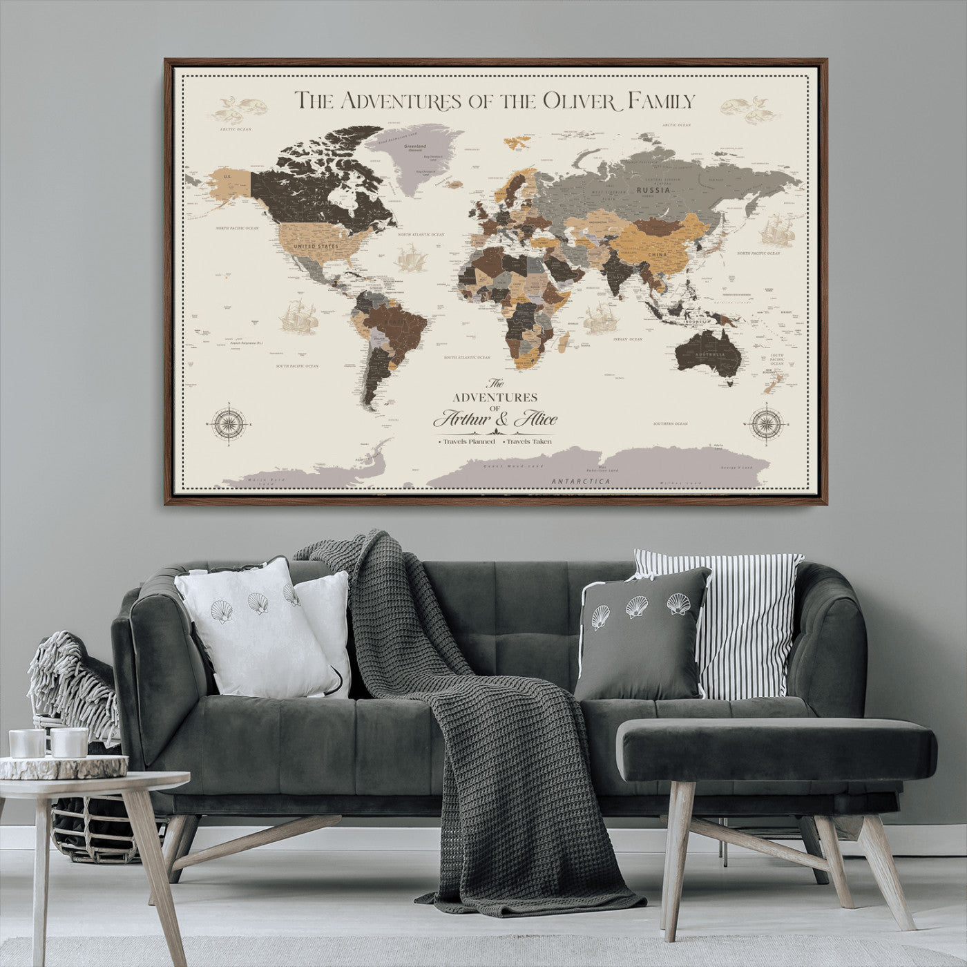 40679469-MGV-CV-36X24-Personalized World Map Wall Art – Neutral Tones Adventure Travel Map with Custom Family Names, Rustic Wall Decor for Living Room