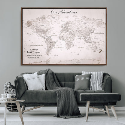 11706567-MGV-CV-36X24-Personalized World Map Wall Art – Minimalist Beige Adventure Travel Map with Custom Names, Elegant Push Pin Canvas for Couples,