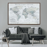 70605050-MGV-CV-36X24-Personalized World Map Wall Art – Cool Gray Adventure Travel Map with Custom Names, Elegant Push Pin Canvas for Couples, Family