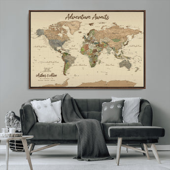 53442996-MGV-FC-36X24_Walnut-Personalized World Map Wall Art – Adventure Awaits Vintage Travel Map with Custom Couple Names, Rustic Wall Decor for Home,