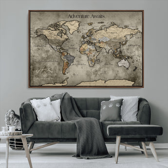 72658967-MGV-CV-36X24-Personalized World Map Wall Art – Adventure Awaits Rustic Sepia Travel Map with Custom Names, Vintage Wall Decor for Couples, Home