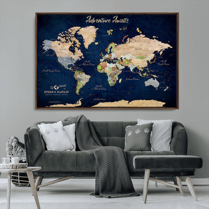 80965072-MGV-CV-36X24-Personalized World Map Wall Art – Adventure Awaits Navy Blue Travel Map with Custom Names, Rustic Vintage Wall Decor for Couples,