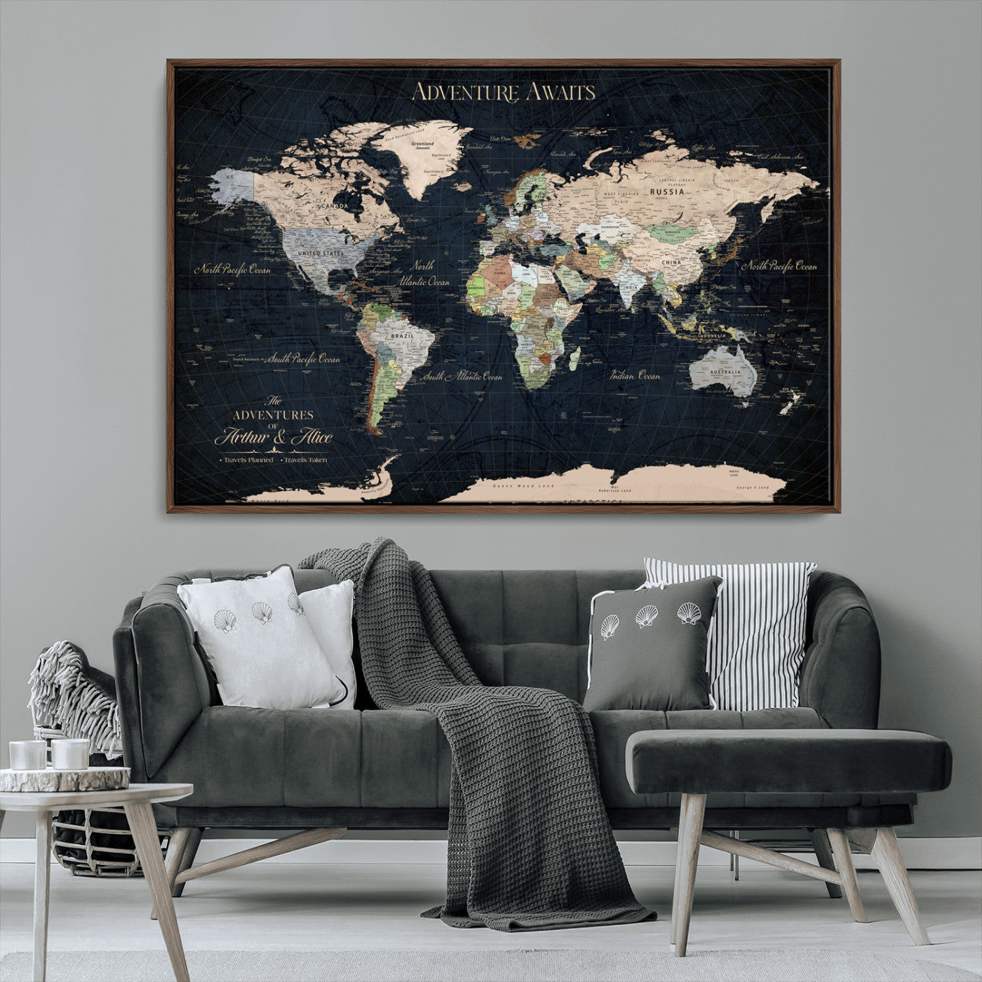 15547583-MGV-CV-36X24-Personalized World Map Wall Art – Rustic Navy Adventure Awaits Travel Map with Custom Couple Names, Vintage Wall Decor for Home or
