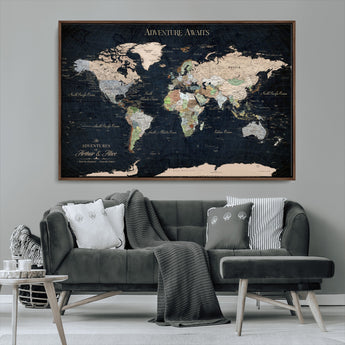 15547583-MGV-CV-36X24-Personalized World Map Wall Art – Rustic Navy Adventure Awaits Travel Map with Custom Couple Names, Vintage Wall Decor for Home or