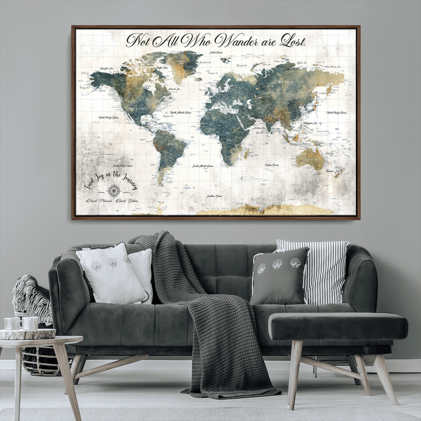 16233493-MGV-FC-36X24_Walnut-Personalized World Map Wall Art – Rustic Blue Green Wanderlust Travel Map with Custom Couple Names, Vintage Wall Decor for Home