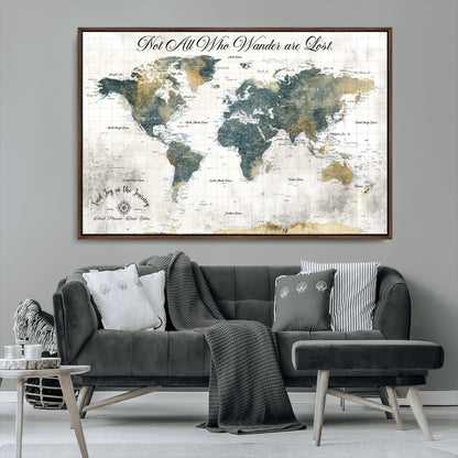 16233493-MGV-FC-36X24_Walnut-Personalized World Map Wall Art – Rustic Blue Green Wanderlust Travel Map with Custom Couple Names, Vintage Wall Decor for Home