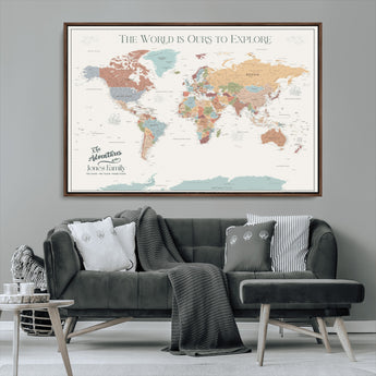 69180591-MGV-CV-36X24-Personalized World Map Wall Art – Rustic Vintage Adventure Travel Map with Custom Family Names, Unique Wall Decor for Couples,