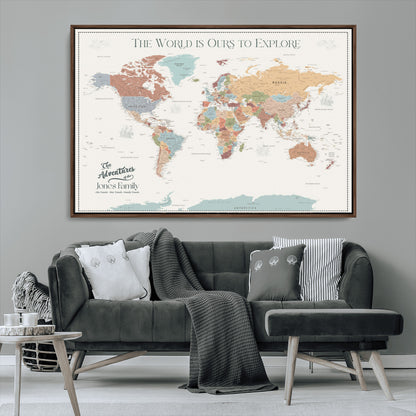 69180591-MGV-CV-36X24-Personalized World Map Wall Art – Rustic Vintage Adventure Travel Map with Custom Family Names, Unique Wall Decor for Couples,