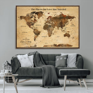 50680593-MGV-CV-36X24-Personalized World Map Wall Art – Rustic Brown Adventure Travel Map with Custom Names, Elegant Push Pin Canvas for Couples Home,