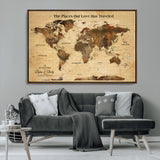 50680593-MGV-CV-36X24-Personalized World Map Wall Art – Rustic Brown Adventure Travel Map with Custom Names, Elegant Push Pin Canvas for Couples Home,