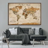 91961147-MGV-CV-36X24-Personalized World Map Wall Art – Vintage Sepia Adventure Travel Map with Custom Couple Names, Rustic Wall Decor for Home, Couples