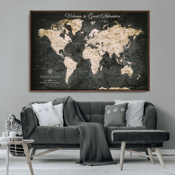 70534097-MGV-CV-36X24-Personalized World Map Wall Art – Dark Vintage Adventure Style Travel Map with Custom Names, Unique Wall Decor for Couples, Home