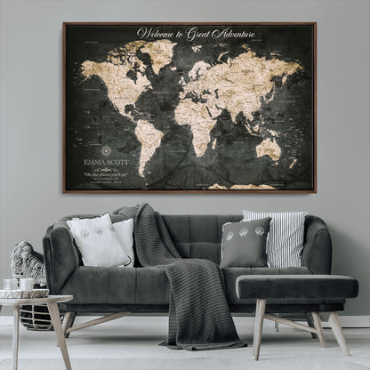 70534097-MGV-CV-36X24-Personalized World Map Wall Art – Dark Vintage Adventure Style Travel Map with Custom Names, Unique Wall Decor for Couples, Home