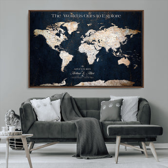 13231361-MGV-CV-36X24-Personalized World Map Wall Art – Navy Blue Vintage Adventure Travel Map with Custom Names, Elegant Push Pin Canvas for Couples