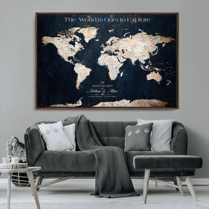 13231361-MGV-CV-36X24-Personalized World Map Wall Art – Navy Blue Vintage Adventure Travel Map with Custom Names, Elegant Push Pin Canvas for Couples