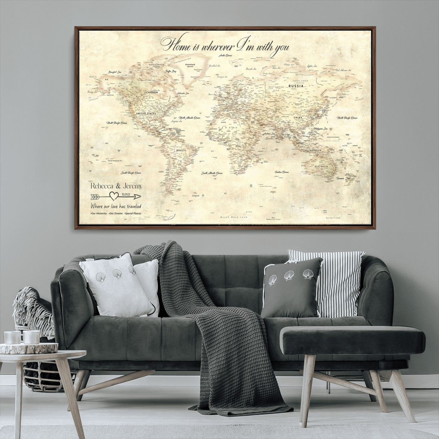 57950315-MGV-CV-36X24-Personalized World Map Wall Art – Vintage Beige Travel Map with Custom Names, Romantic Anniversary Gift for Couples, Adventure