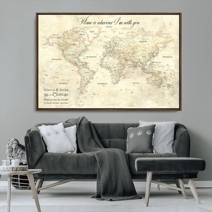 57950315-MGV-CV-36X24-Personalized World Map Wall Art – Vintage Beige Travel Map with Custom Names, Romantic Anniversary Gift for Couples, Adventure