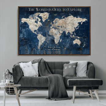 16933330-MGV-FC-36X24_Walnut-Personalized World Map Wall Art – Navy Blue Vintage Travel Map with Custom Names, Anniversary Gift for Couples Romantic Adventure