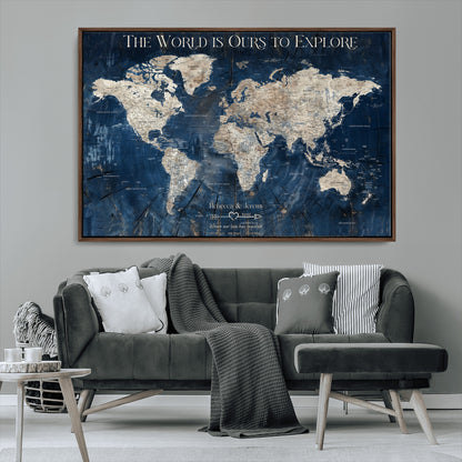 16933330-MGV-FC-36X24_Walnut-Personalized World Map Wall Art – Navy Blue Vintage Travel Map with Custom Names, Anniversary Gift for Couples Romantic Adventure