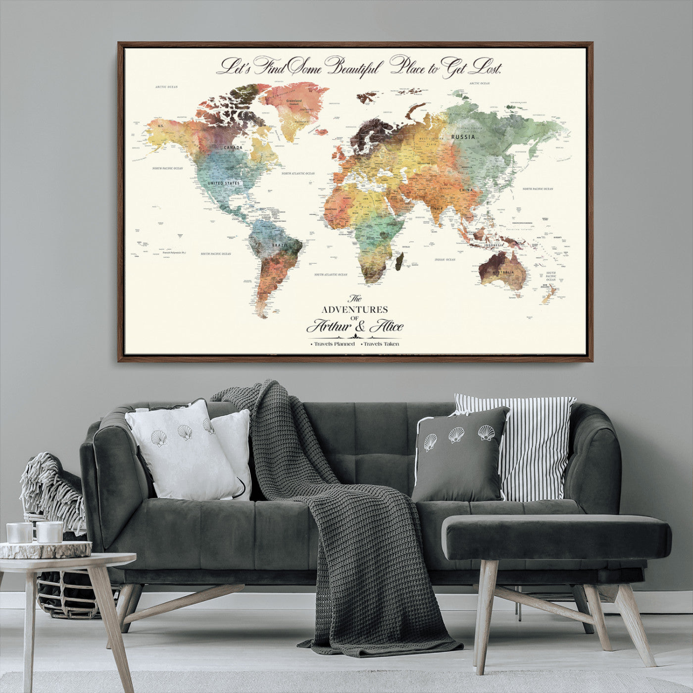 10311652-MGV-CV-36X24-Personalized World Map Wall Art - Watercolor Travel Map with Custom Names Minimalist Design for Couples&Families - Decor for Home,