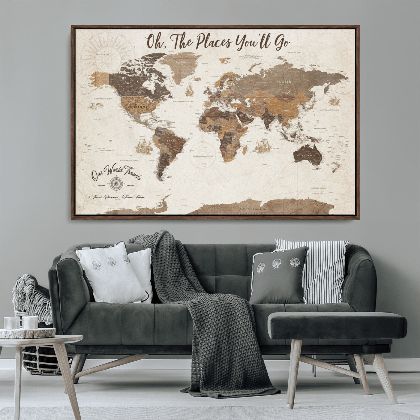 14140137-MGV-CV-36X24-Personalized World Map Wall Art – Vintage Nautical Adventure Map with Ships and Compass, Rustic Sepia Tones for Travel Lovers and